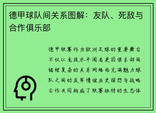德甲球队间关系图解：友队、死敌与合作俱乐部